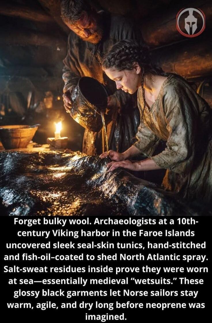 Forget bulky wool. Archaeologists at a 10th-century Viking harbor in the Faroe Islands uncovered sleek seal-skin tunics, hand-stitched and fish-oil-coated to shed North Atlantic spray. Salt-sweat residues inside prove they were worn at sea—essentially medieval “wetsuits.” These glossy black garments let Norse sailors stay warm, agile, and dry long 