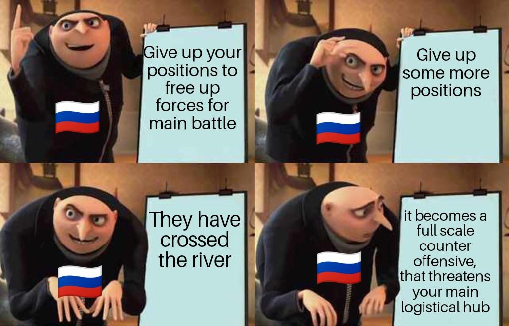 ive up your positions to free up forces for main battle crossed the river Give up some more positions it becomes a full scale counter offensive that threatens your main logistical hub