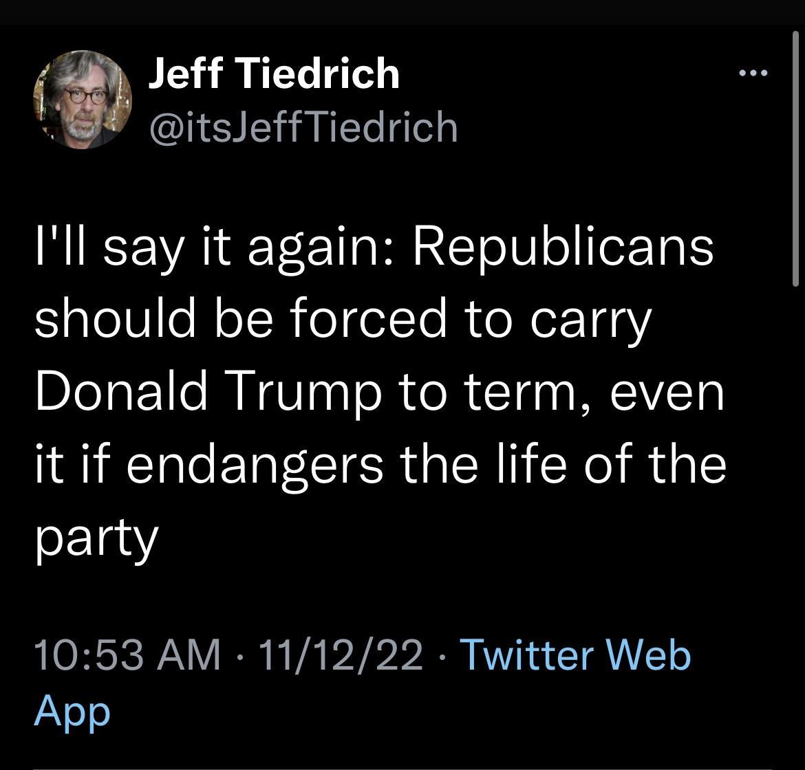 Jeff Tiedrich itsleffTiedrich Ill say it again Republicans should be forced to carry Donald Trump to term even it if endangers the life of the party 1053 AM 111222 Twitter Web App