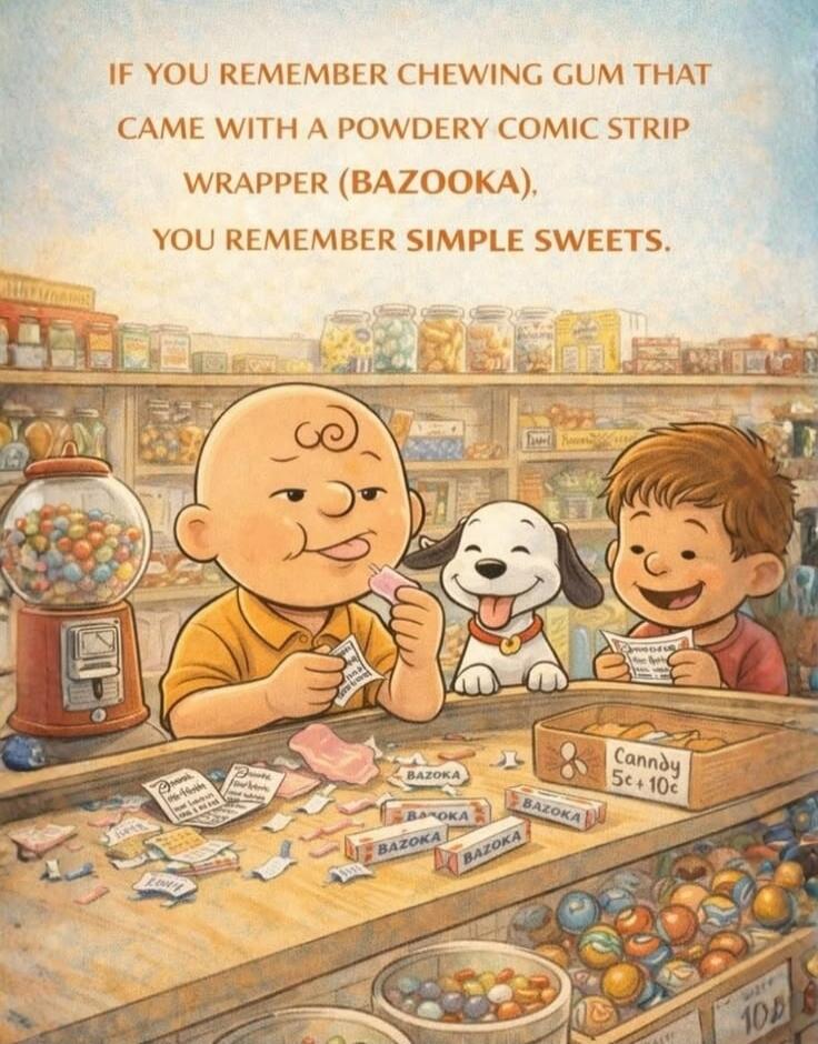 IF YOU REMEMBER CHEWING GUM THAT CAME WITH A POWDERY COMIC STRIP WRAPPER (BAZOOKA). YOU REMEMBER SIMPLE SWEETS.