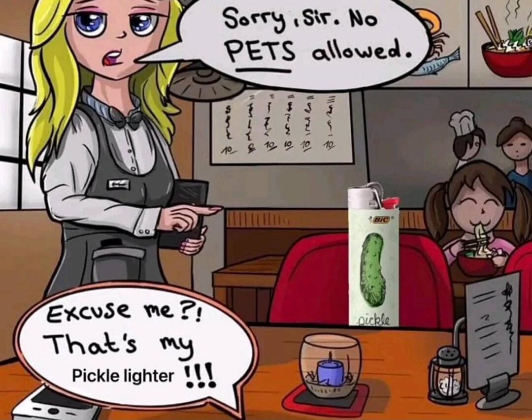 Sorry, Sir. No PETS allowed.
Excuse me?! That's my Pickle lighter !!!