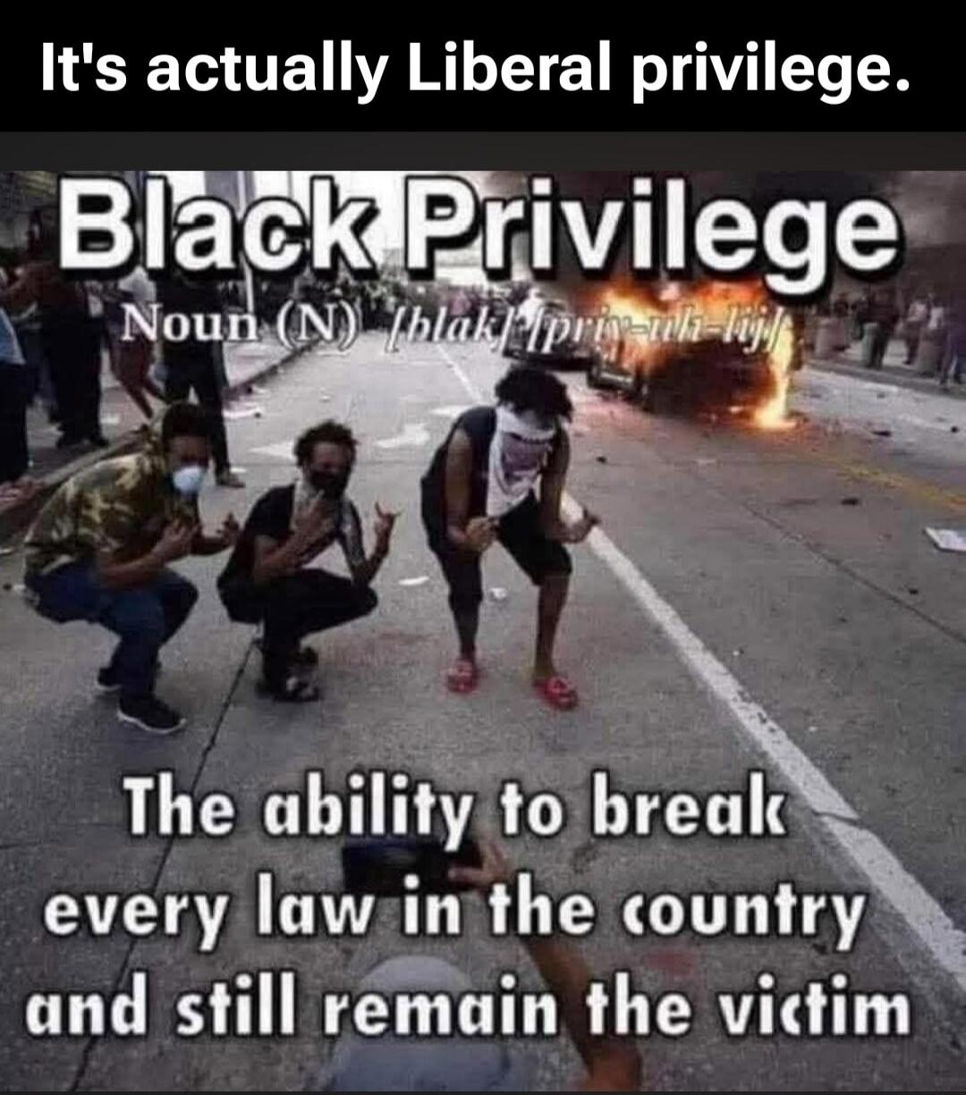 It's actually Liberal privilege. Black Privilege Noun (N) [blak] [priv-uh-lij] The ability to break every law in the country and still remain the victim