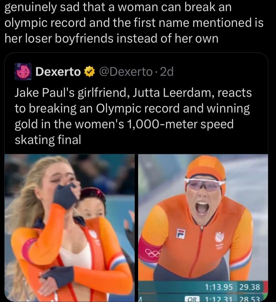 genuinely sad that a woman can break an olympic record and the first name mentioned is her loser boyfriends instead of her own

Dexerto tweet: 