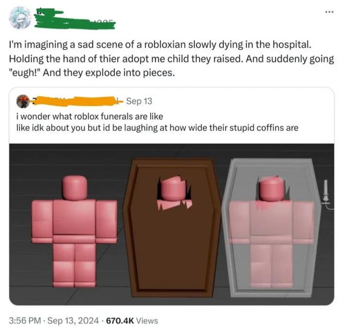 Imimagining a sad scene of a robloxian slowly dying in the hospital Holding the hand of thier adopt me child they raised And suddenly going eught And they explode into pieces i wonder what roblox funeras are ke like idk about you butid be laughing at how wide their stupid coffins are 6 PM Sep 13 2024 6704K View