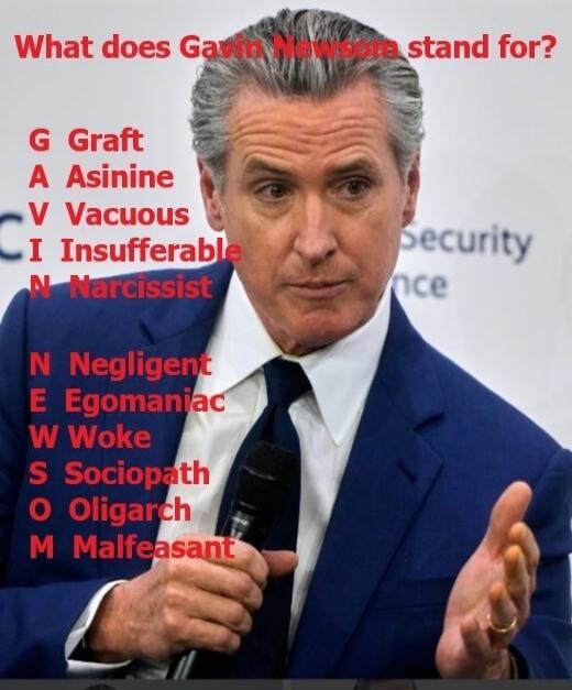 What does Gavin Newsom stand for? G Graft A Asinine V Vacuous I Insufferable N Narcissist N Negligent E Egomaniac W Woke S Sociopath O Oligarch M Malfeasant