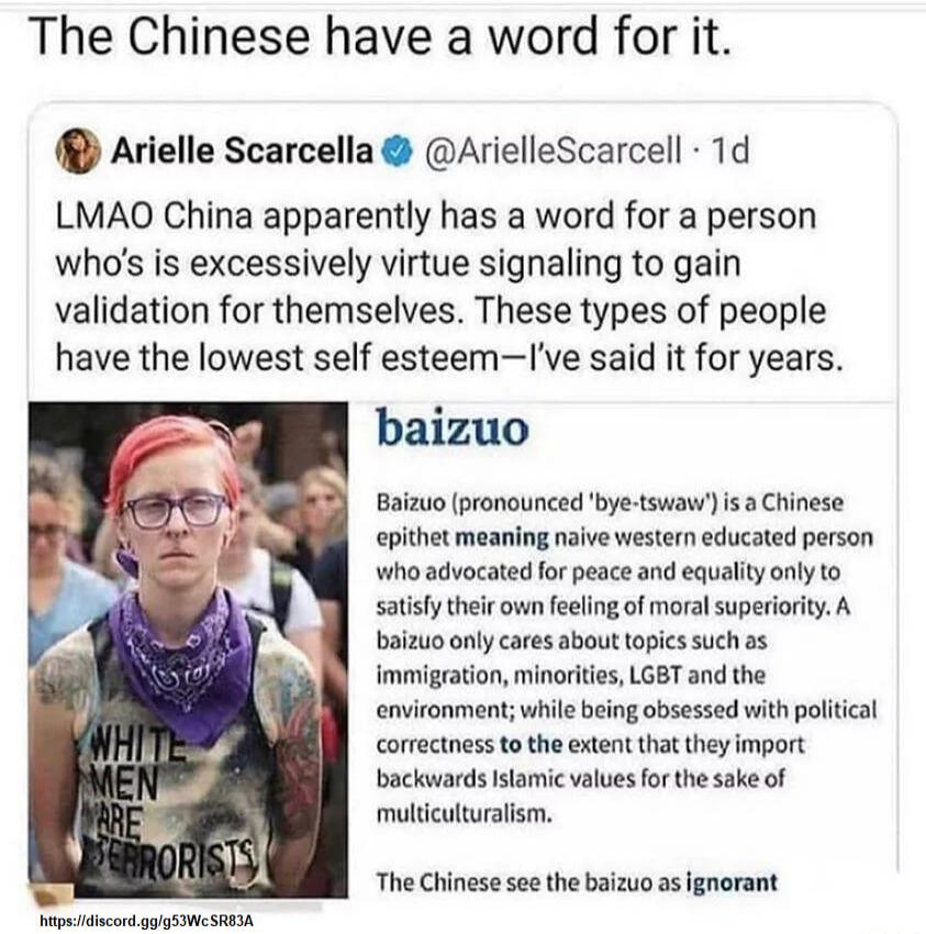 The Chinese have a word for it.
Arielle Scarcella @ArielleScarcell · 1d
LMAO China apparently has a word for a person who's is excessively virtue signaling to gain validation for themselves. These types of people have the lowest self esteem—I’ve said it for years.
baizuo
Baizuo (pronounced 'bye-tswah') is a Chinese epithet meaning naive western edu