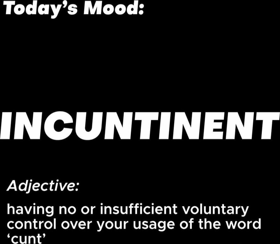 Today's Mood:
INCUNTINENT
Adjective:
having no or insufficient voluntary control over your usage of the word ‘cunt’