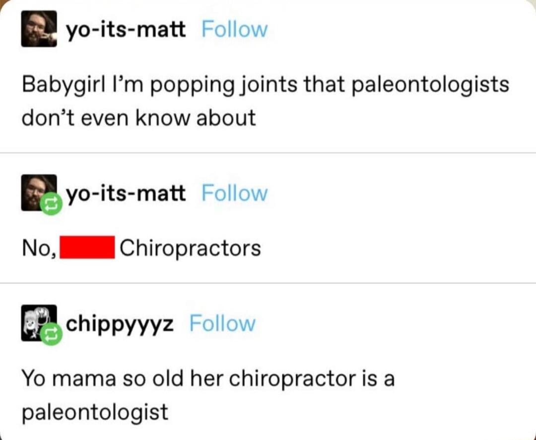 Babygirl I'm popping joints that paleontologists don't even know about. No, [redacted] Chiropractors. Yo mama so old her chiropractor is a paleontologist.