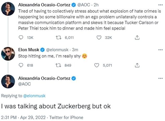 Alexandria Ocasio Cortez AOC 21 Tired of having to colectively stress about what explosion of hate crimes is happening b some bilionalre with an ego problem unilaterally controls a massive communication piatform and skews t because Tucker Carlson or Peter Thiel took him to dinner and made him feel special O Q son O Elon Musk elonmusk 3n Stop hitting on me Im realy shy O s 0 s Q son Alexandria Ocas