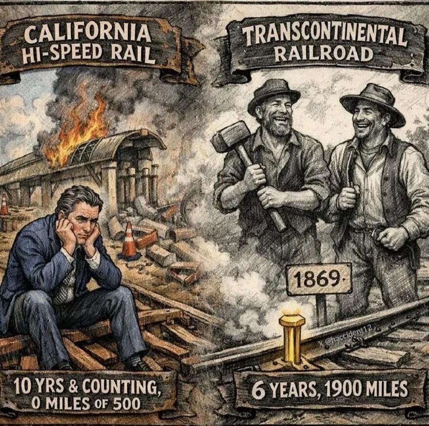 CALIFORNIA HI-SPEED RAIL
TRANSCONTINENTAL RAILROAD
1869
10 YRS & COUNTING, 0 MILES OF 500
6 YEARS, 1900 MILES