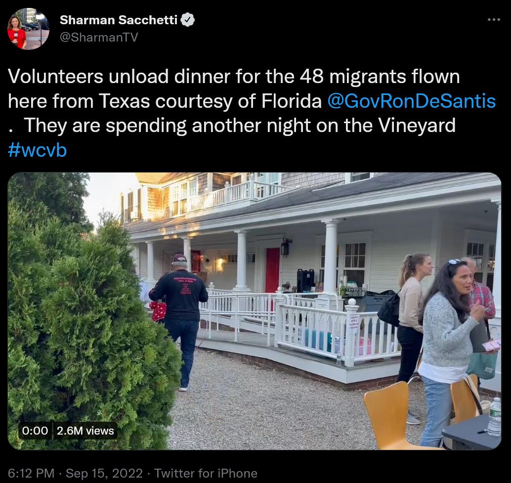 Sharman Sacchetti Volunteers unload dinner for the 48 migrants flown here from Texas courtesy of Florida GovRonDeSantis They are spending another night on the Vineyard wevb