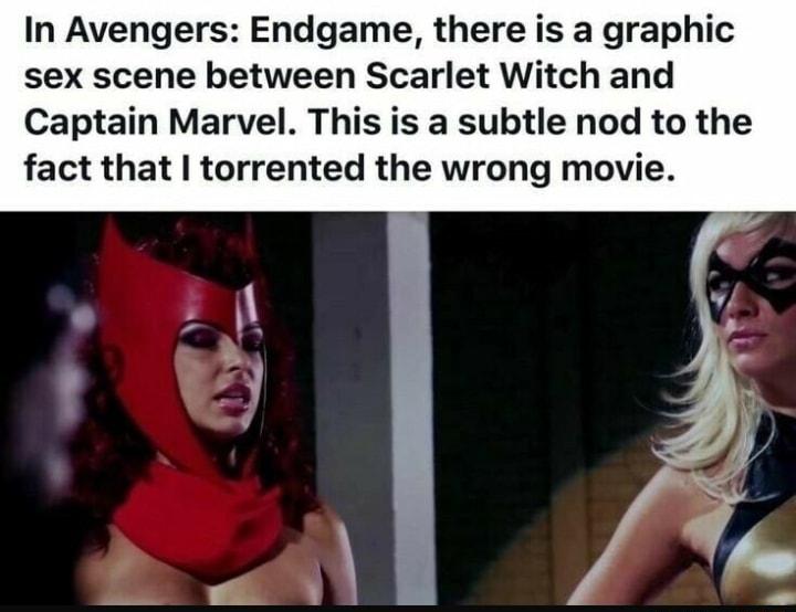 In Avengers Endgame there is a graphic sex scene between Scarlet Witch and Captain Marvel This is a subtle nod to the fact that torrented the wrong movie