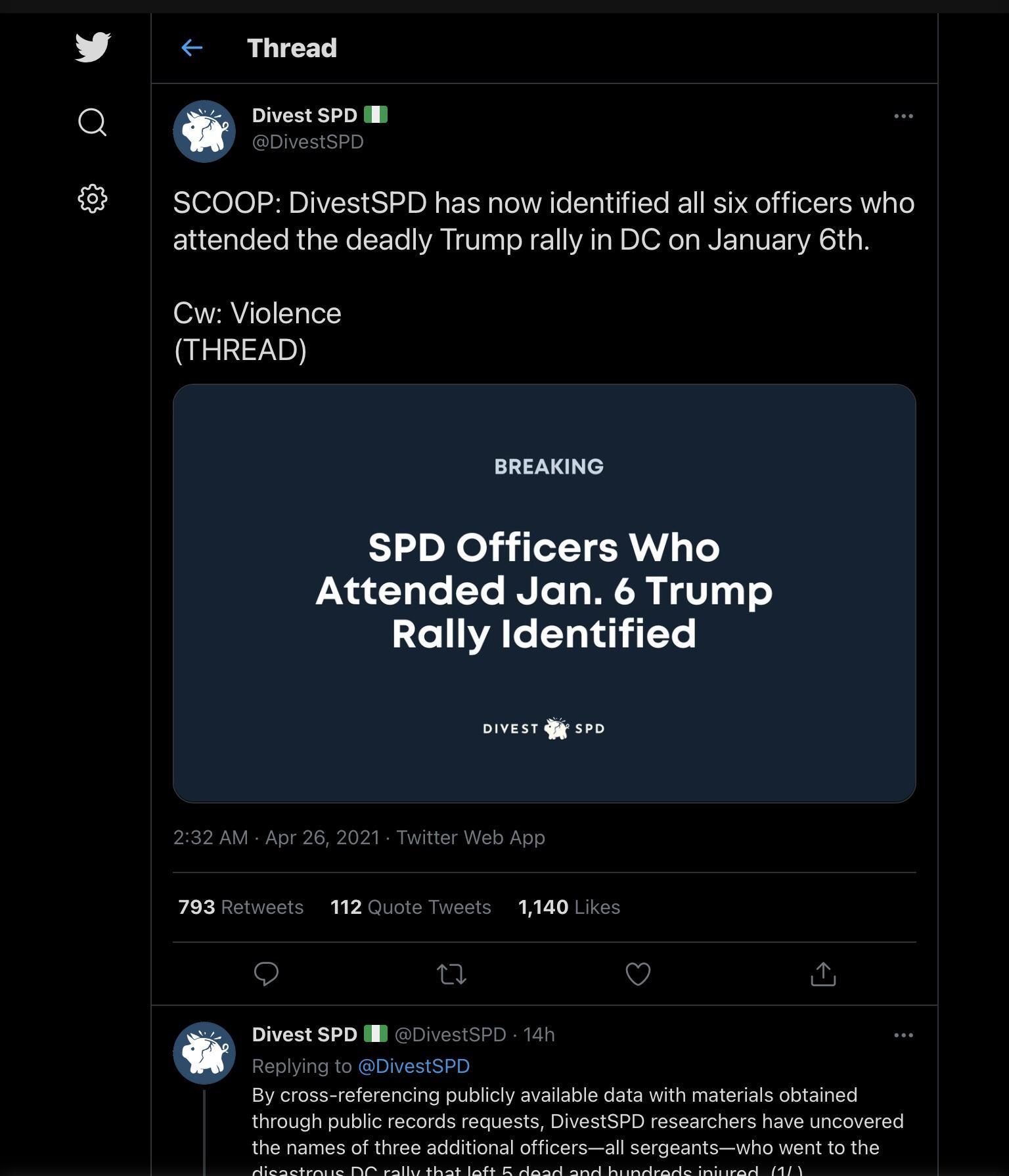 Thread DAES DY QIER S1D S1G010 258 DIV 51 5 B o 1SN aToWWATe TaNa1H To I RS Q T SR W g To 1 alo STo RUpLNe STo WA IS Taa N 1 VAT W BIOXeTa INF To IV E Tg YA G110 N Cw Violence THREAD BREAKING SPD Officers Who Attended Jan 6 Trump Rally Identified DIVEST Q4 SPD PACYAN VRN o g B VA I AT TRIT oW o o 793 Retweets 112 Quote Tweets 1140 Likes n V o Divest SPD Il DivestSPD 14h RETNI RN BIVETS 651 20 Vl o