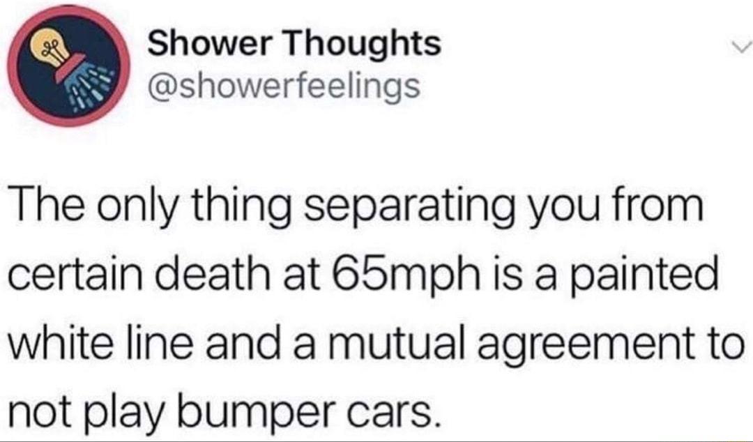 Shower Thoughts showerfeelings The only thing separating you from certain death at 65mph is a painted white line and a mutual agreement to not play bumper cars