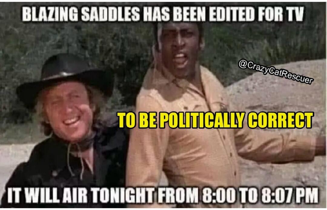 BLAZING SADDLES HAS BEEN EDITED FOR TV TO BE POLITICALLY CORRECT IT WILL AIR TONIGHT FROM 8:00 TO 8:07 PM