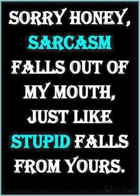 SORRY HONEY, SARCASM FALLS OUT OF MY MOUTH, JUST LIKE STUPID FALLS FROM YOURS.