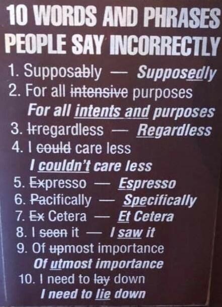 10 WORDS AND PHRASES PEOPLE SAY INCORRECTLY 1. Supposably — Supposedly 2. For all intensive purposes — For all intents and purposes 3. Irregardless — Regardless 4. I could care less — I couldn't care less 5. Expresso — Espresso 6. Pacifically — Specifically 7. Ex Cetera — Et Cetera 8. I seen it — I saw it 9. Of upmost importance — Of utmost importa
