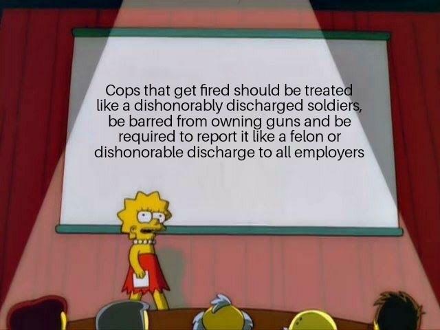 Cops that get fired should be treate like a dishonorably discharged soldiers be barred from owning guns and be required to report it like a felon or dishonorable discharge to all employers