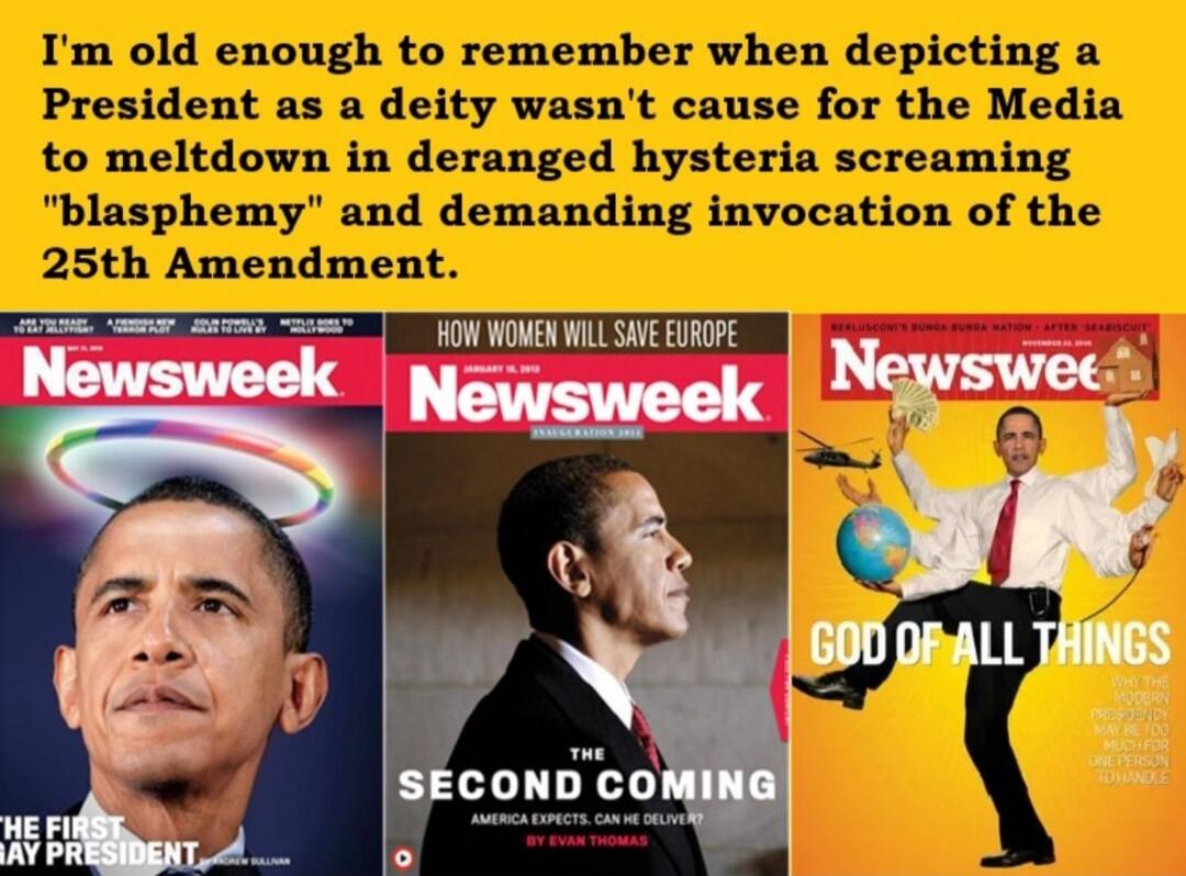 I'm old enough to remember when depicting a President as a deity wasn't cause for the Media to meltdown in deranged hysteria screaming 