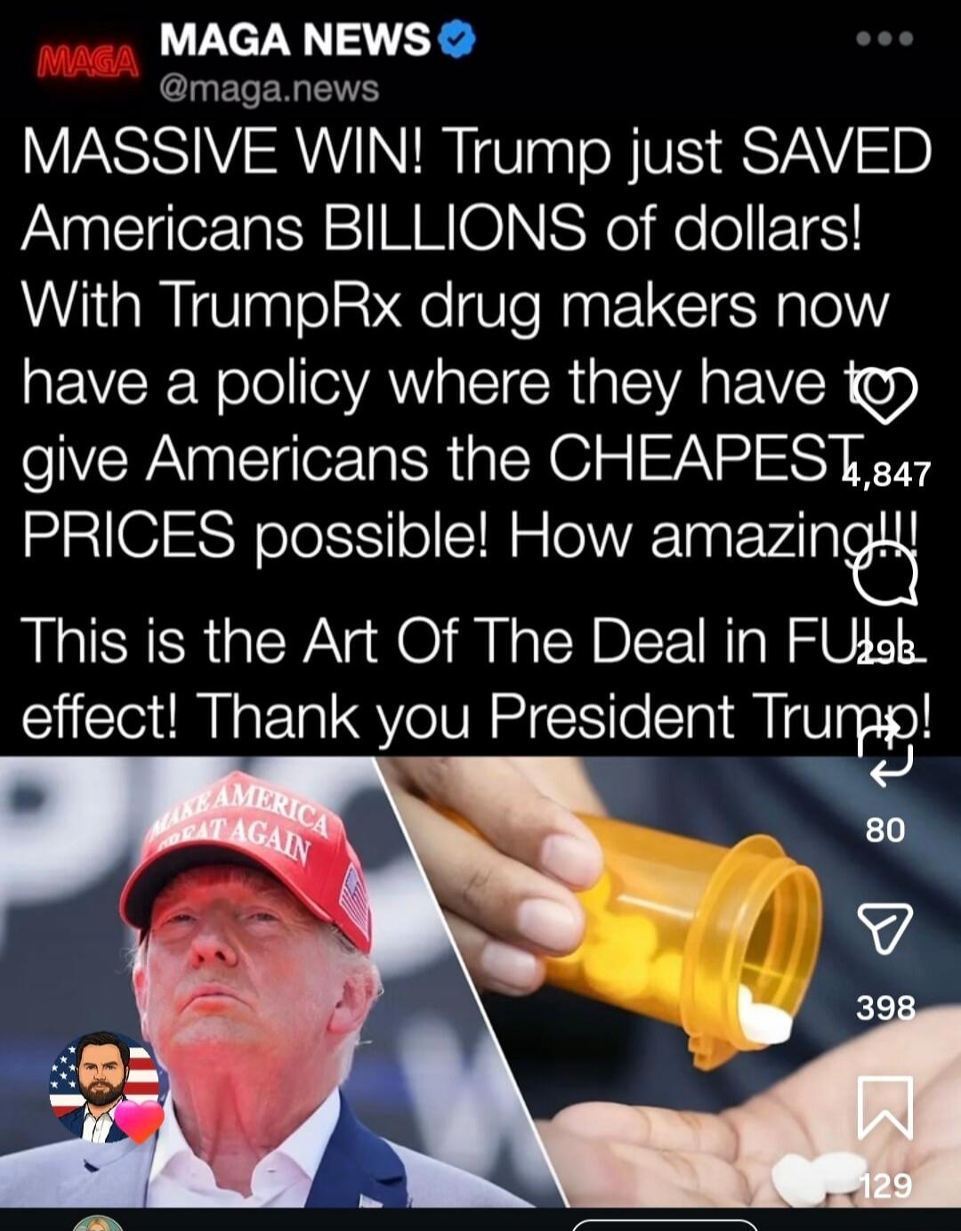 MASSIVE WIN! Trump just SAVED Americans BILLIONS of dollars! With TrumpRx drug makers now have a policy where they have to give Americans the CHEAPEST PRICES possible! How amazing!! This is the Art Of The Deal in FU£ effect! Thank you President Trump!