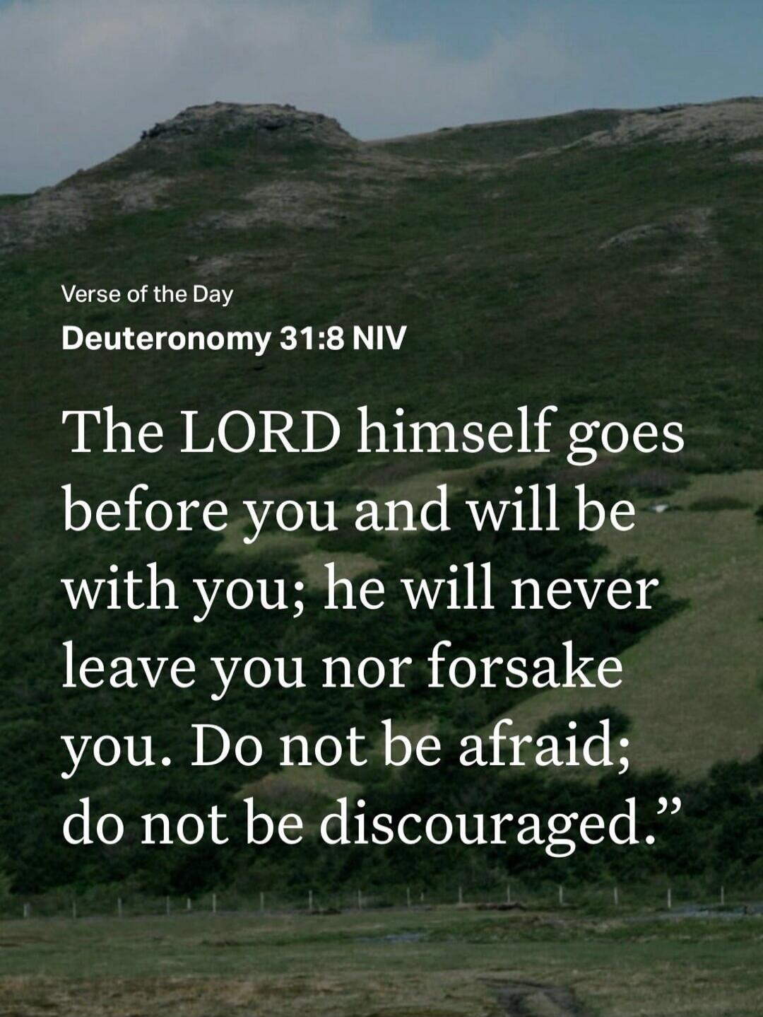 Verse of the Day Deuteronomy 31:8 NIV The LORD himself goes before you and will be with you; he will never leave you nor forsake you. Do not be afraid; do not be discouraged.