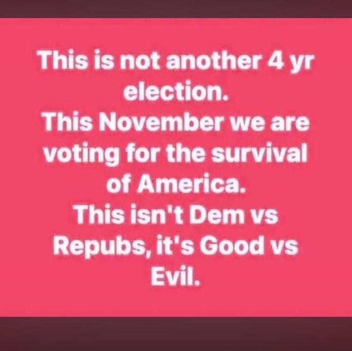 This is not another 4 yr election. This November we are voting for the survival of America. This isn't Dem vs Repubs, it's Good vs Evil.