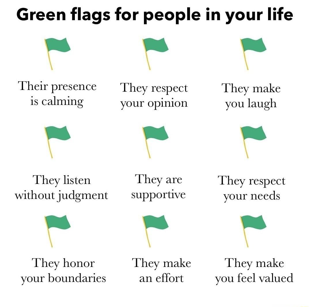 Green flags for people in your life oo Their presence They respect They make is calming your opinion you laugh They listen They are They respect without judgment supportive your needs They honor They make They make your boundaries an effort you feel valued