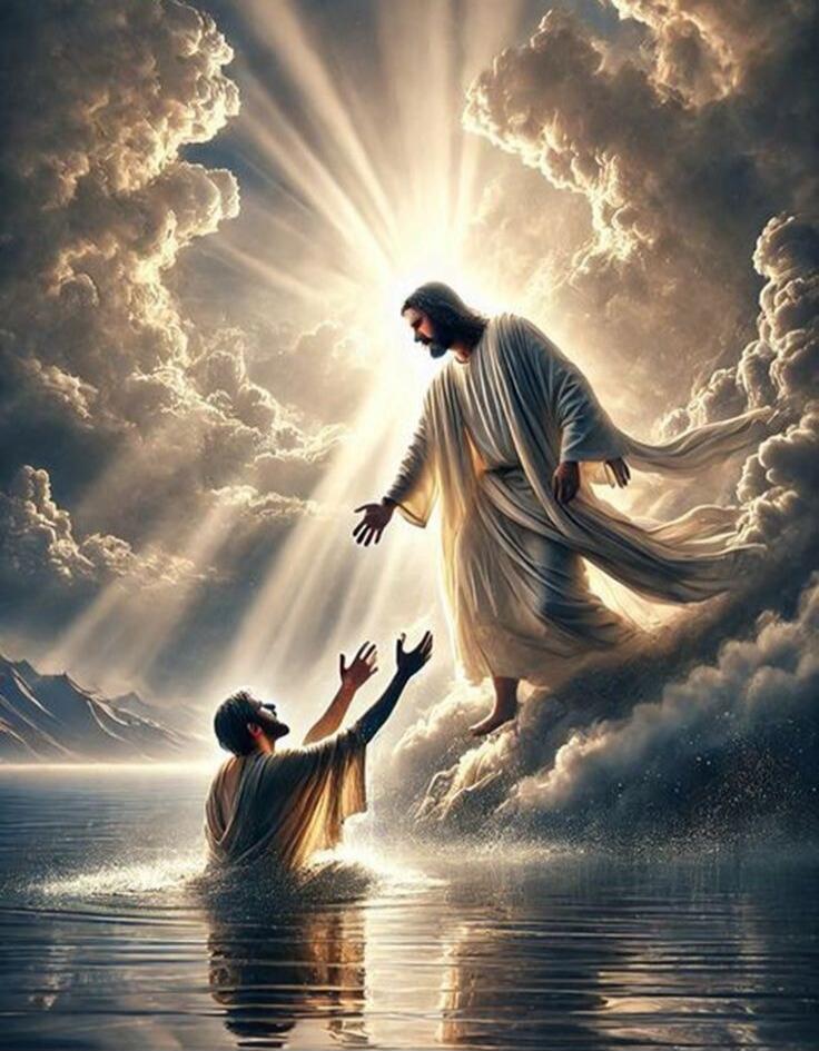 Jesus reaches out to a man in the water, surrounded by radiant light and clouds.