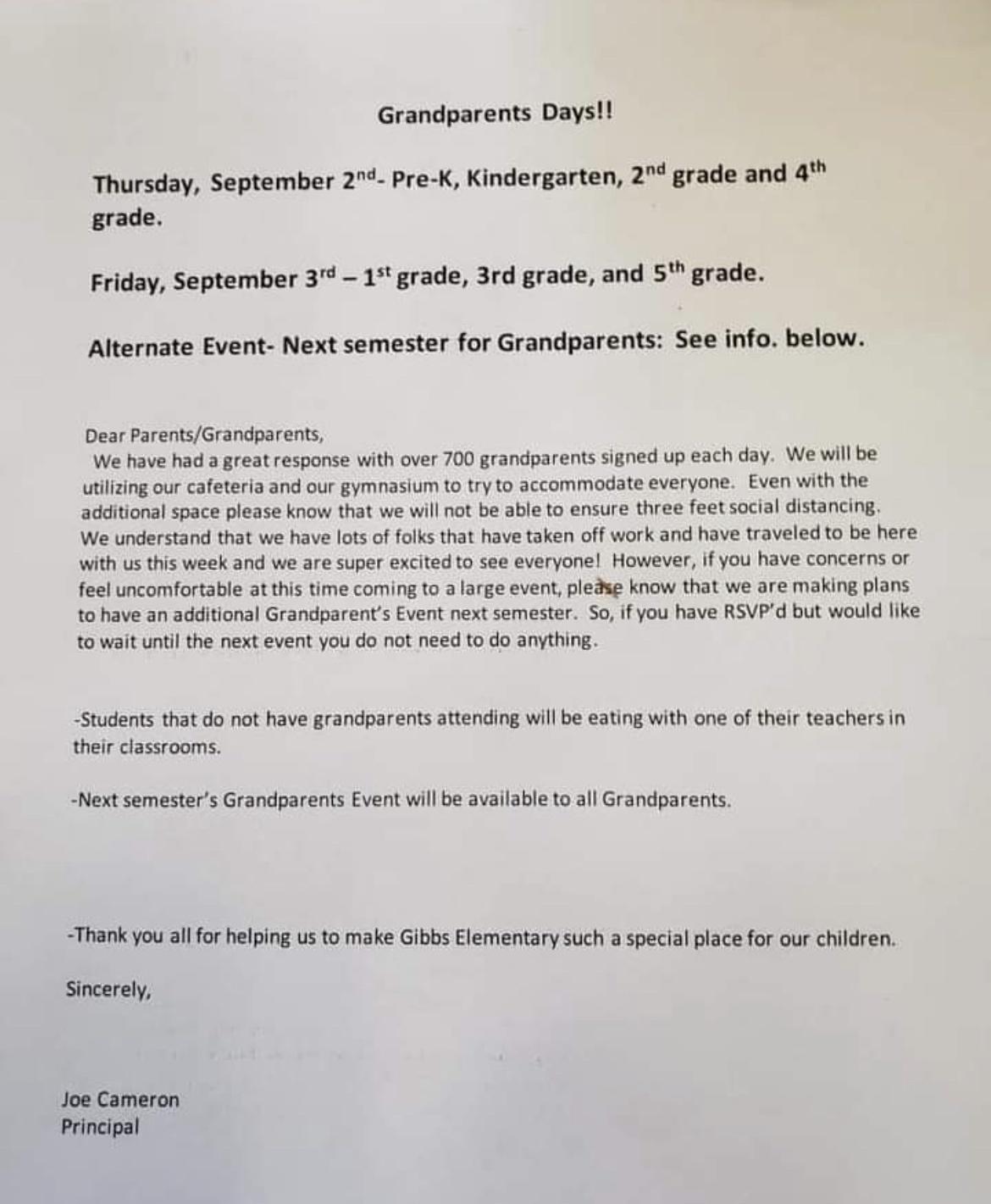 Grandparents Days Thursday September 2 Pre K Kindergarten 2 grade and 4 grade Friday September 3 1 grade 3rd grade and 5 grade Alternate Event Next semester for Grandparents See info below Dear ParentsGrandparents We have had a great response with over 700 grandparents signed up each day We will be utilizing our cafeteria and our gymnasium to try to accommodate everyone Even with the additional sp