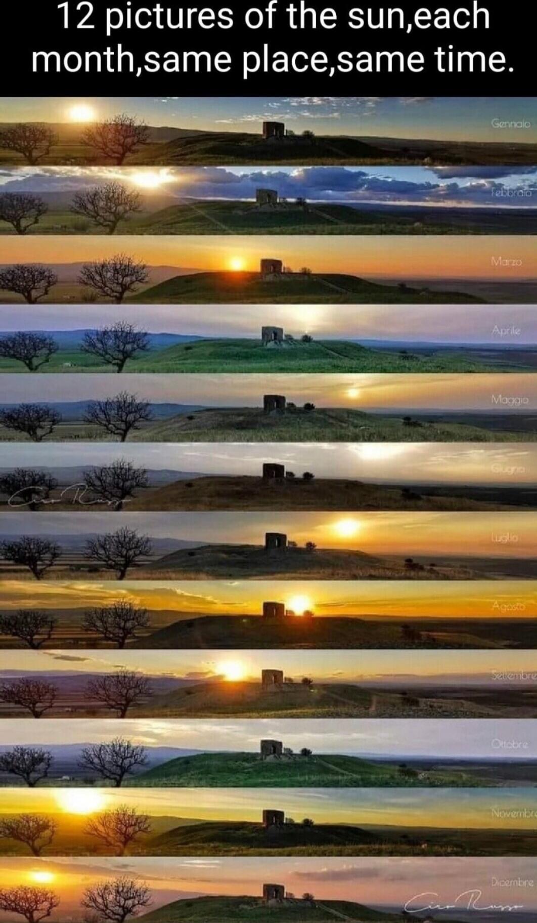 12 pictures of the sun, each month, same place, same time.