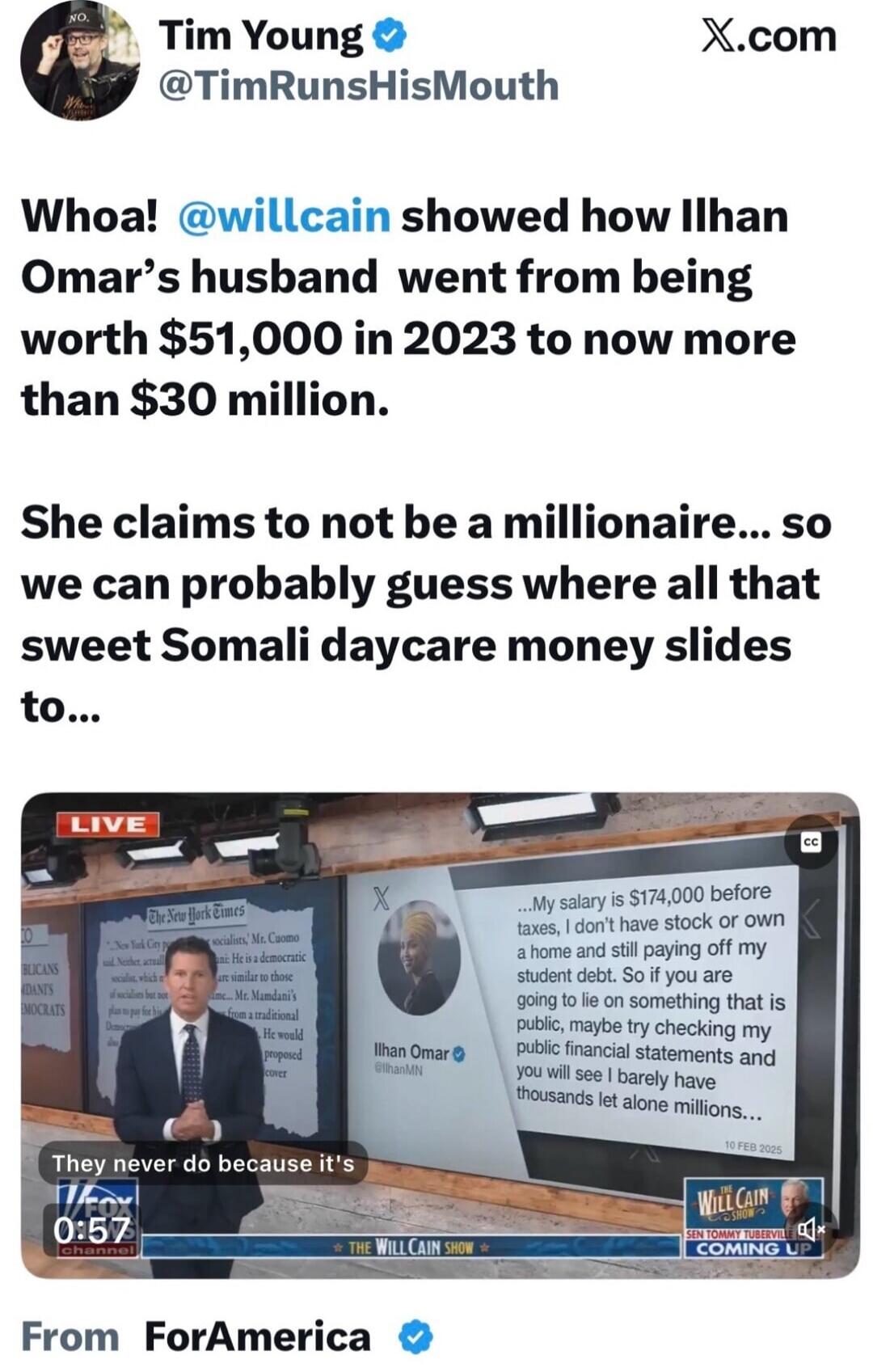 Whoa! @willcain showed how Ilhan Omar’s husband went from being worth $51,000 in 2023 to now more than $30 million. She claims to not be a millionaire... so we can probably guess where all that sweet Somali daycare money slides to...