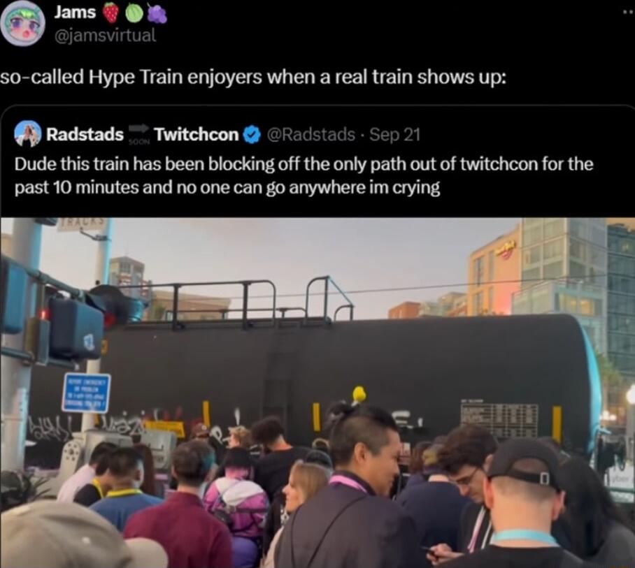 so called Hype Train enjoyers when a real train shows up LT Dude this train has been blocking off the only path out o twitchcon for the past 10 minutes and no one can go anywhere im crying