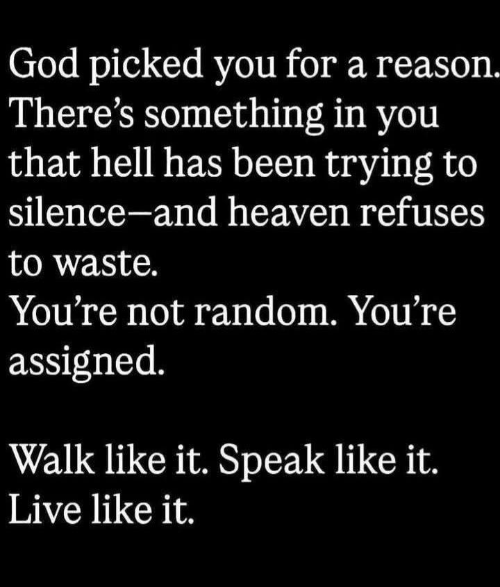 God picked you for a reason. There's something in you that hell has been trying to silence—and heaven refuses to waste. You're not random. You're assigned. Walk like it. Speak like it. Live like it.