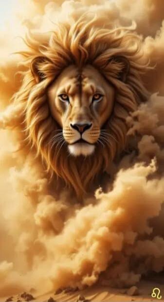 A majestic lion's head emerging from golden clouds, with the Leo zodiac symbol in the bottom right corner.