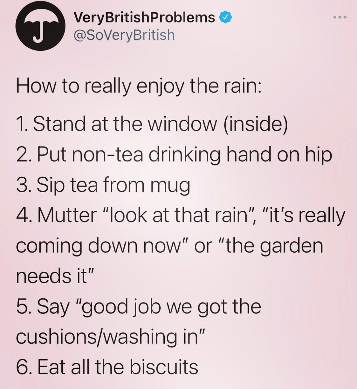 VeryBritishProblems SoVeryBritish How to really enjoy the rain 1 Stand at the window inside 2 Put non tea drinking hand on hip 3 Sip tea from mug 4 Mutter look at that rain its really coming down now or the garden needs it 5 Say good job we got the cushionswashing in Eat all the biscuits