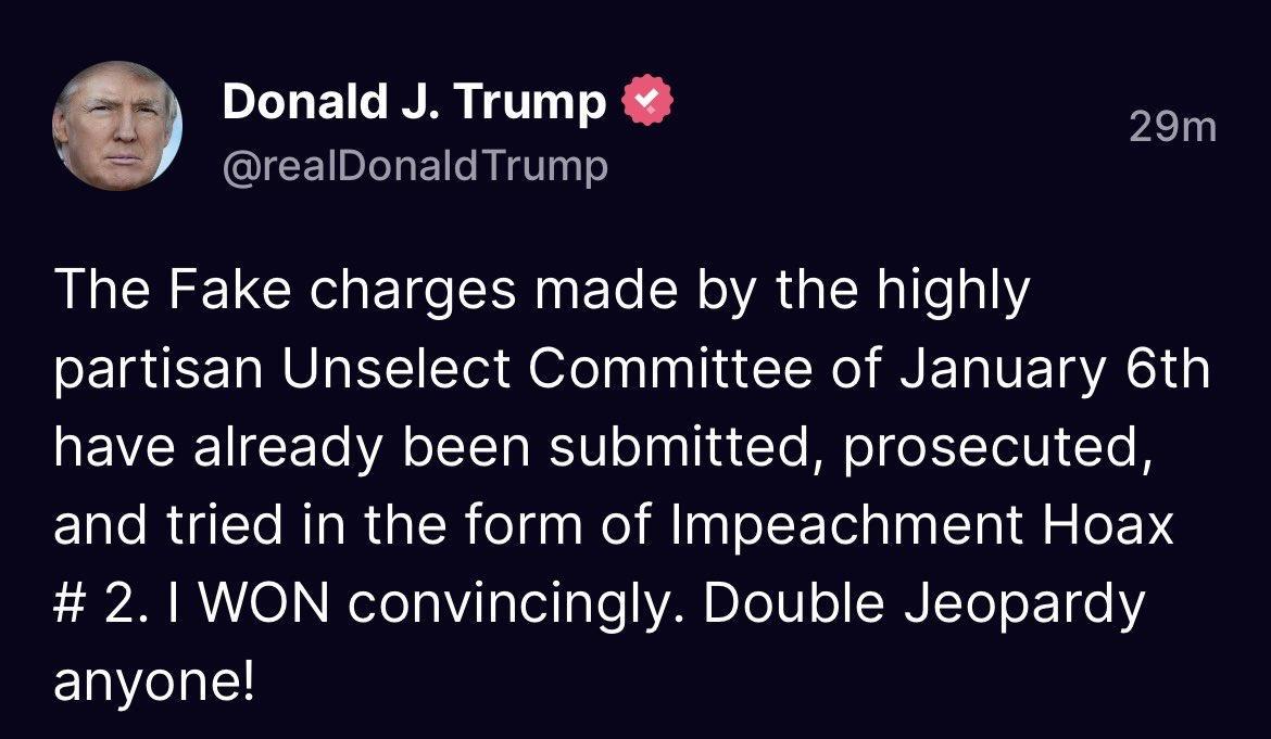 G Donald J Trump o realDonaldTrump The Fake charges made by the highly SEIREENRVG e ofeli In IR INEL VETSA EVERE R T A oITYa RV o1 114 To o 1 ToIV To and tried in the form of Impeachment Hoax 21 WON convincingly Double Jeopardy anyone