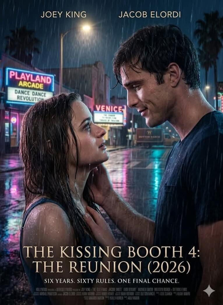 JOEY KING JACOB ELORDI PLAYLAND ARCADE DANCE DANCE REVOLUTION VENICE THE KISSING BOOTH 4: THE REUNION (2026) SIX YEARS. SIXTY RULES. ONE FINAL CHANCE. A NETFLIX ORIGINAL FILM A NETFLIX PRODUCTION A NETFLIX FILM JOEY KING THE ELLE EVANS JACOB ELORDI MIRA SORVINO MOLLY RINGWALD TAYLOR ZAK MAISIE RICHARDSON MEGAN FOX CARSON ROWLAND EVAN MOCK ISABELLA 