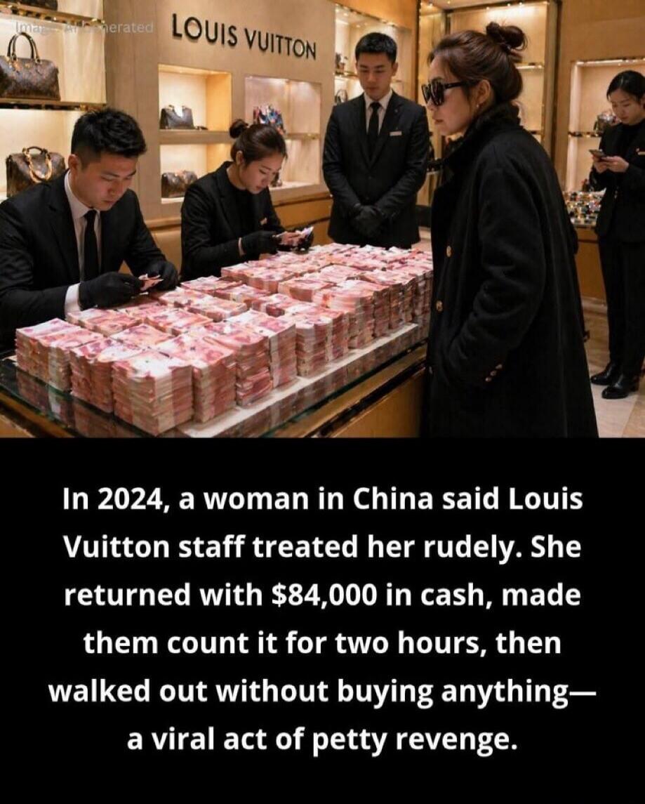 LOUIS VUITTON In 2024, a woman in China said Louis Vuitton staff treated her rudely. She returned with $84,000 in cash, made them count it for two hours, then walked out without buying anything— a viral act of petty revenge.