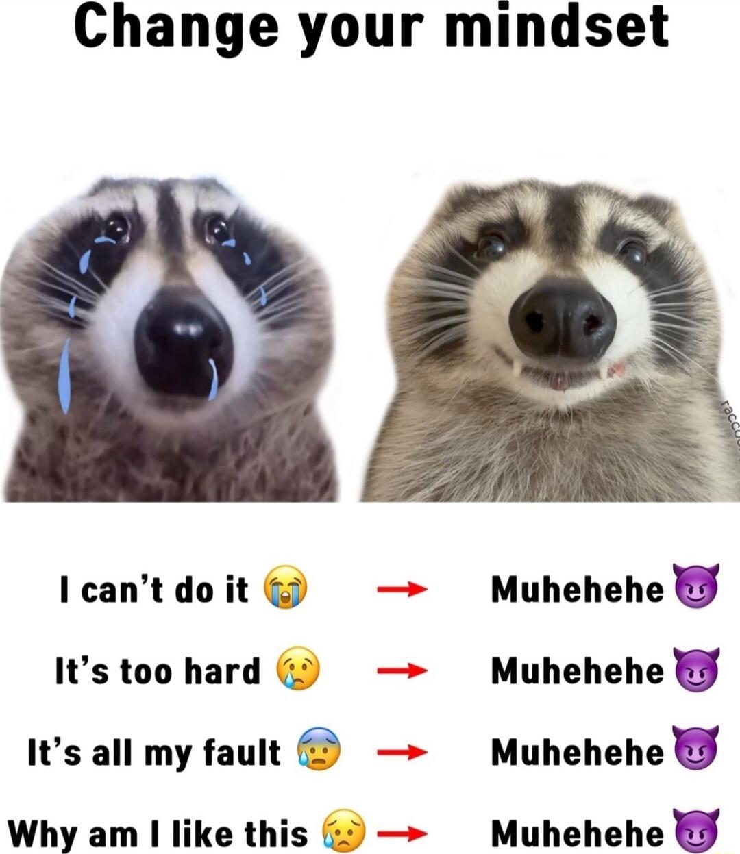 Change your mindset
I can’t do it 😭 → Muhehehe 😈
It’s too hard 😢 → Muhehehe 😈
It’s all my fault 😓 → Muhehehe 😈
Why am I like this 😭 → Muhehehe 😈