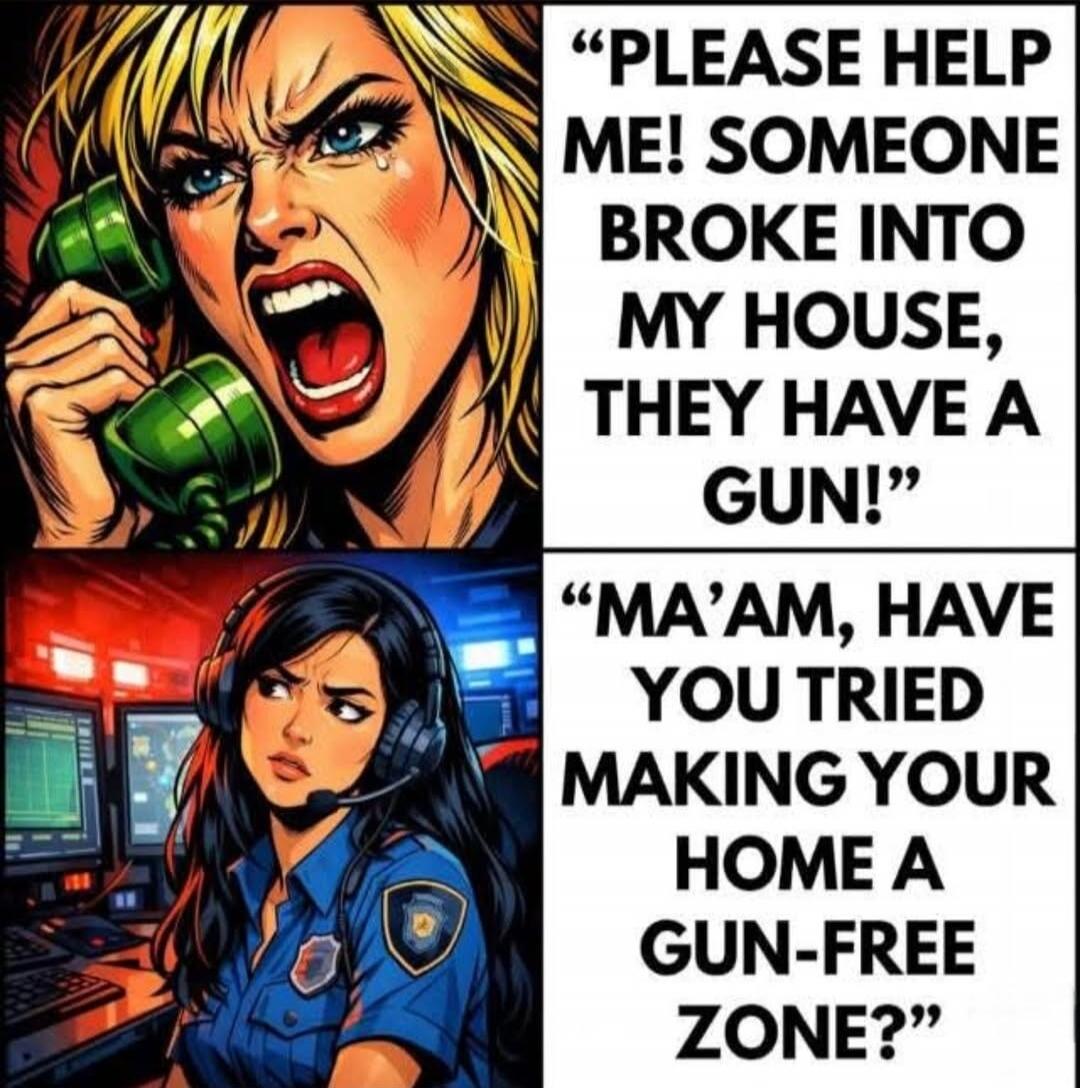 PLEASE HELP ME! SOMEONE BROKE INTO MY HOUSE, THEY HAVE A GUN! MA'AM, HAVE YOU TRIED MAKING YOUR HOME A GUN-FREE ZONE?