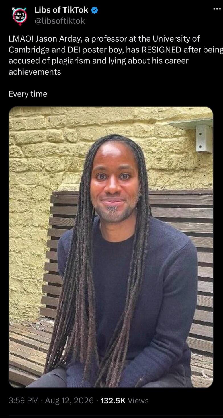 LMAO! Jason Arday, a professor at the University of Cambridge and DEI poster boy, has RESIGNED after being accused of plagiarism and lying about his career achievements. Every time.