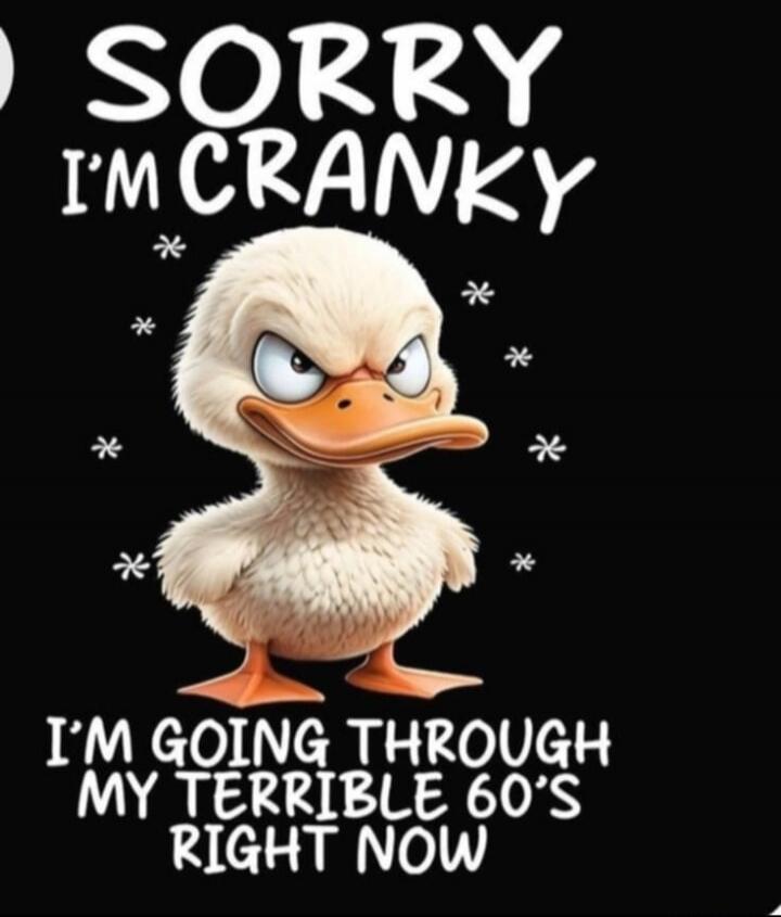 SORRY I'M CRANKY
I'M GOING THROUGH MY TERRIBLE 60'S RIGHT NOW