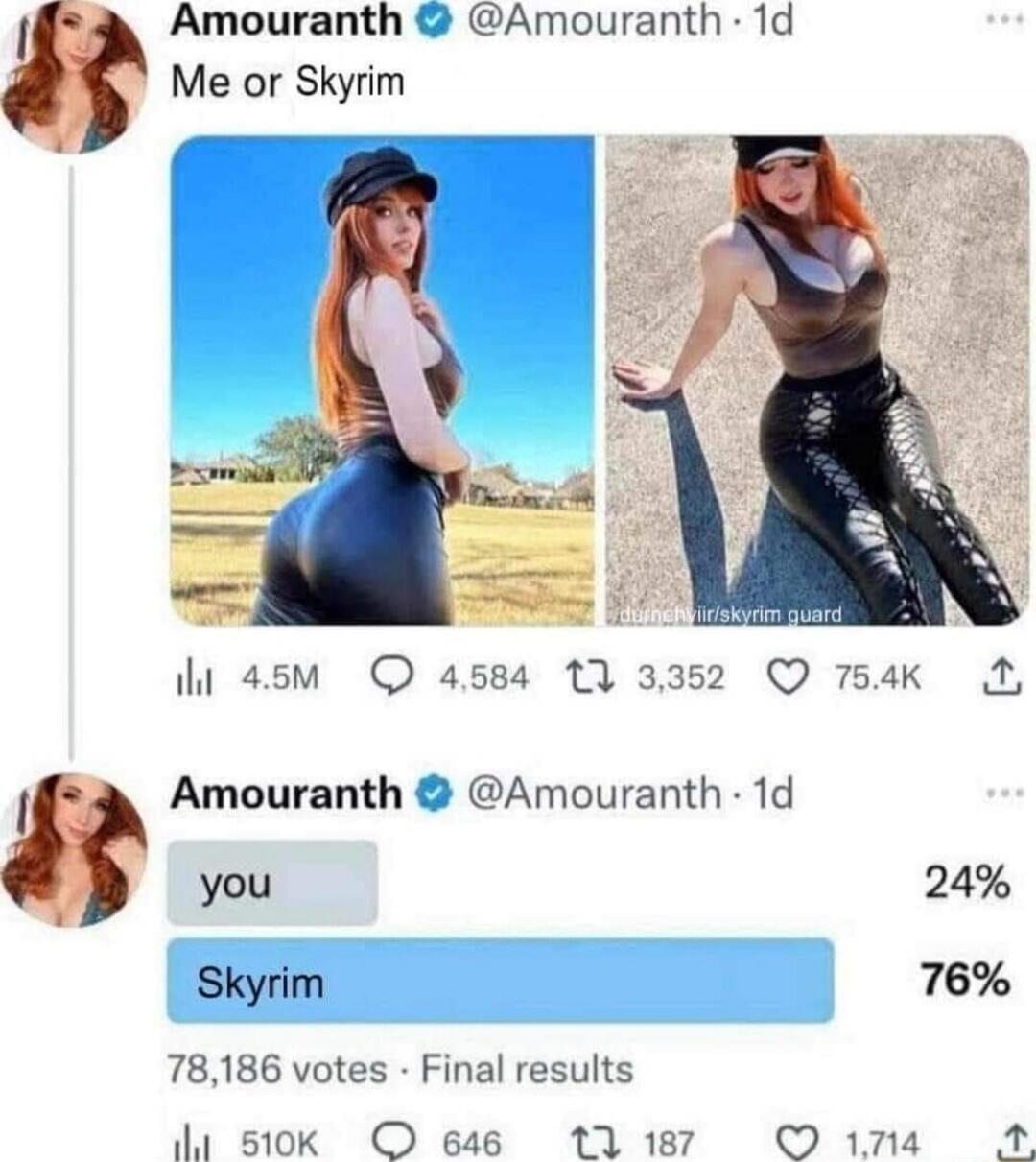 Amouranth asks 'Me or Skyrim' with two pictures of herself. The poll results show 'you' with 24% and 'Skyrim' with 76% out of 78,186 votes.