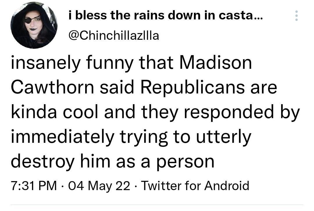 i bless the rains down in casta Chinchillazllla insanely funny that Madison Cawthorn said Republicans are kinda cool and they responded by immediately trying to utterly destroy him as a person 731 PM 04 May 22 Twitter for Android
