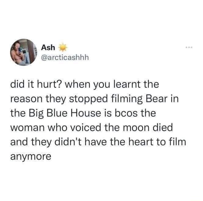 Ash arcticashhh did it hurt when you learnt the reason they stopped filming Bear in the Big Blue House is bcos the woman who voiced the moon died and they didnt have the heart to film anymore