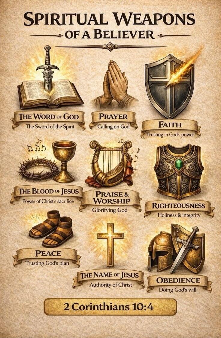 SPIRITUAL WEAPONS OF A BELIEVER
THE WORD OF GOD
The Sword of the Spirit
PRAYER
Calling on God
FAITH
Trusting in God's power
THE BLOOD OF JESUS
Power of Christ's sacrifice
PRAISE & WORSHIP
Glorifying God
RIGHTEOUSNESS
Holiness & integrity
PEACE
Trusting God's plan
THE NAME OF JESUS
Authority of Christ
OBEDIENCE
Doing God's will
2 Corinthians 10:4