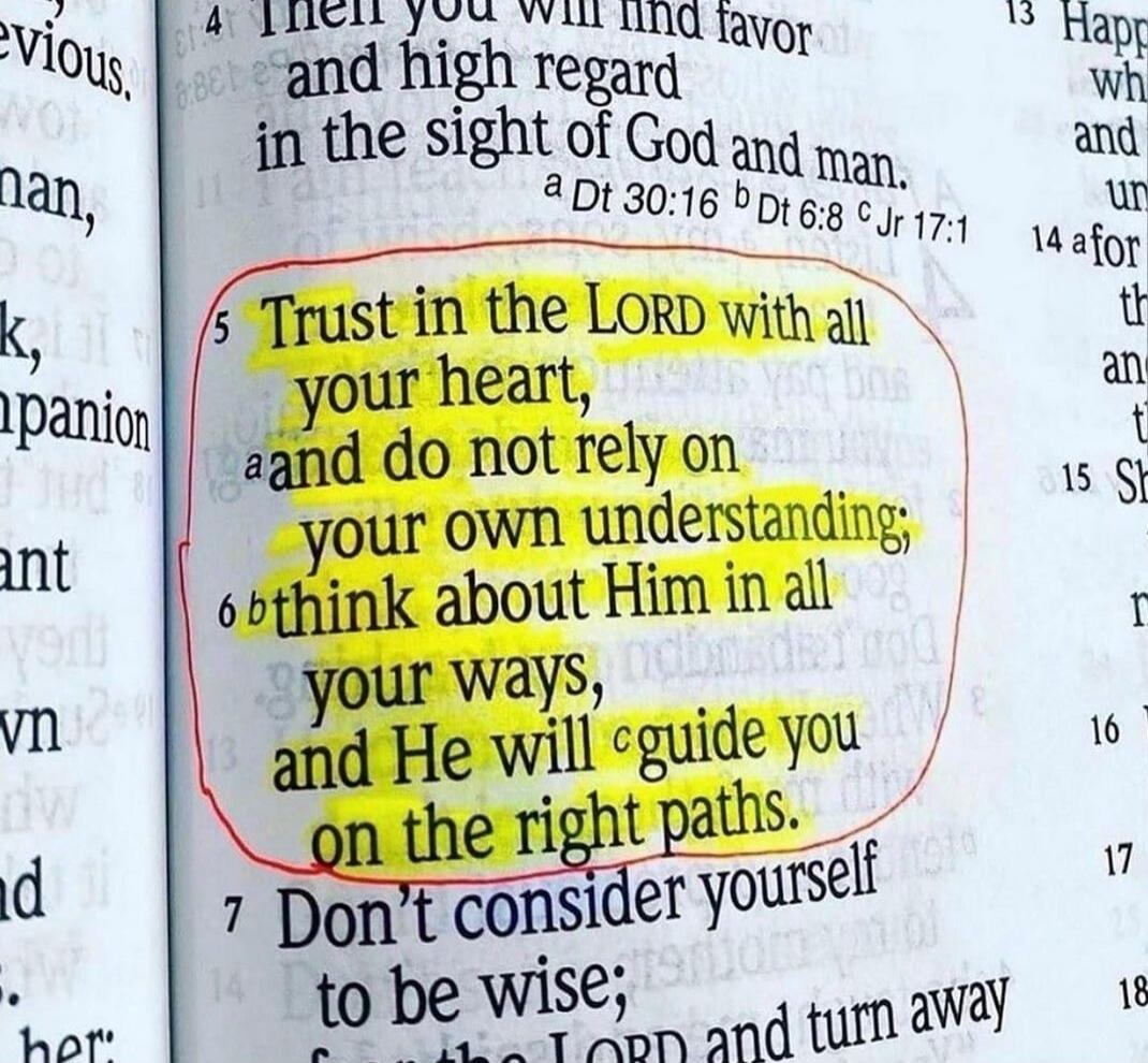 Trust in the LORD with all your heart, and do not rely on your own understanding; think about Him in all your ways, and He will guide you on the right paths.