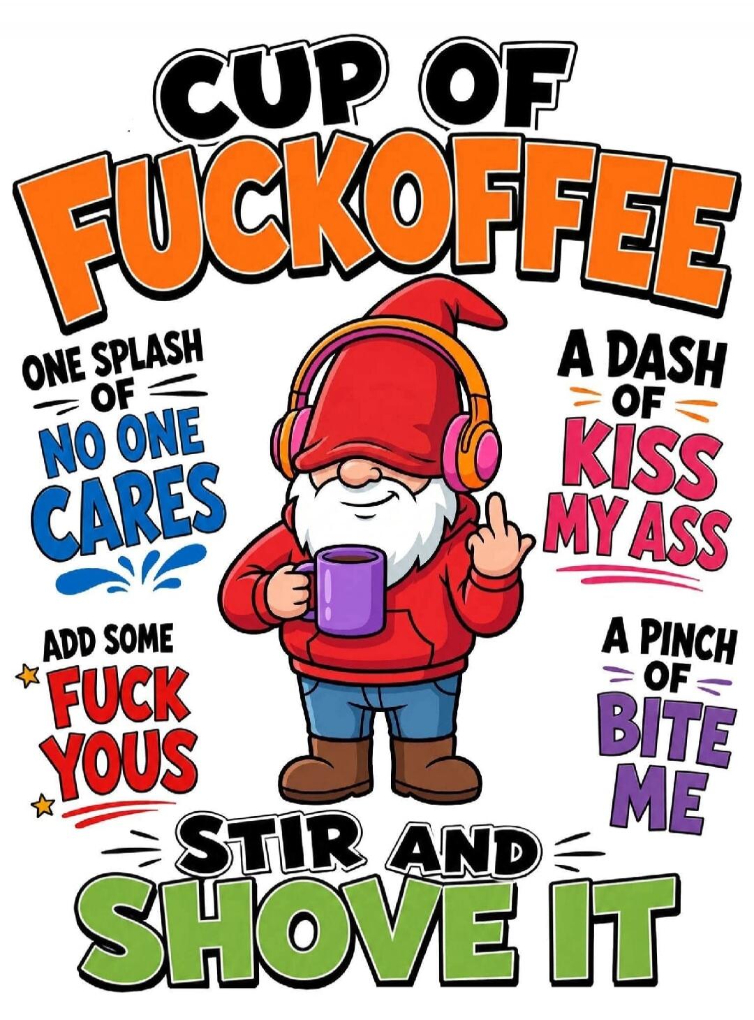 CUP OF FUCKOFFEE. One splash of no one cares. Add some fuck yous. A dash of kiss my ass. A pinch of bite me. Stir and shove it.