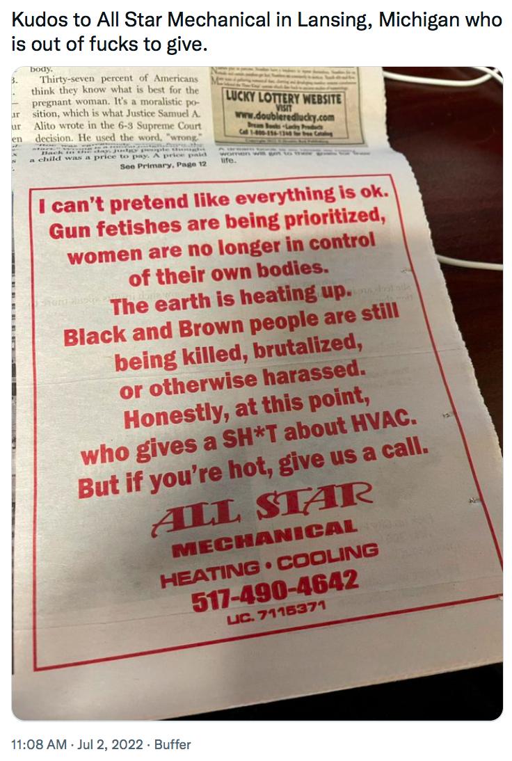 Kudos to All Star Mechanical in Lansing Michigan who is out of fucks to give