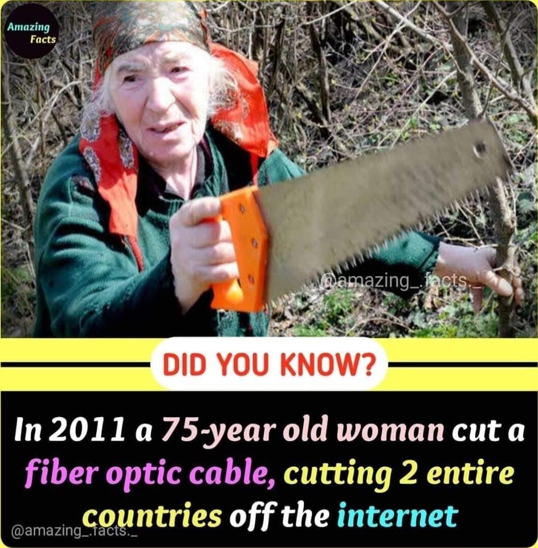 In2011 a 75 year old woman cut a fiber optic cable cutting 2 entire countries off the internet amazing